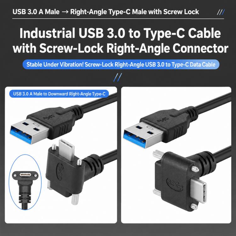 USB 3.0 Male to Down Angle USB-C / Type-C 3.1 Data Cable with Screw-lock, 0.3m, 0.5m, 1m, 2m