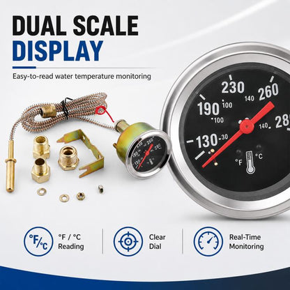 Car Modification Mechanical Dual-Display Water Temperature Gauge with 3 x Adapters, Dual-Display Water Temperature Gauge