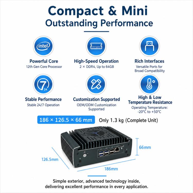3161 Multi-Port Intel 12th Gen i7-1255U Mini Industrial PC, i7-1255U 8GB + 128GB Hard Drive