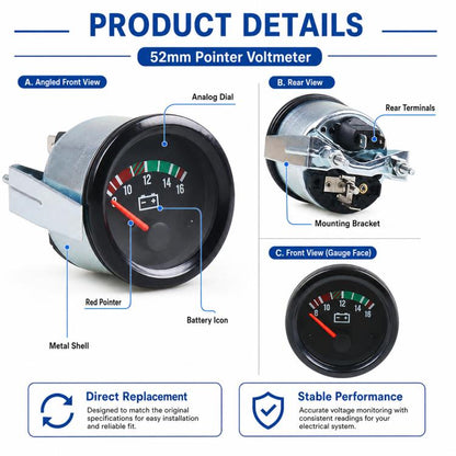 52mm High-precision Pointer-type 8-16V Voltmeter, 52mm Voltmeter