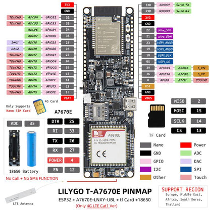 LILYGO T-A7670E ESP32 Wireless Comm Module No GPS, T-A7670E