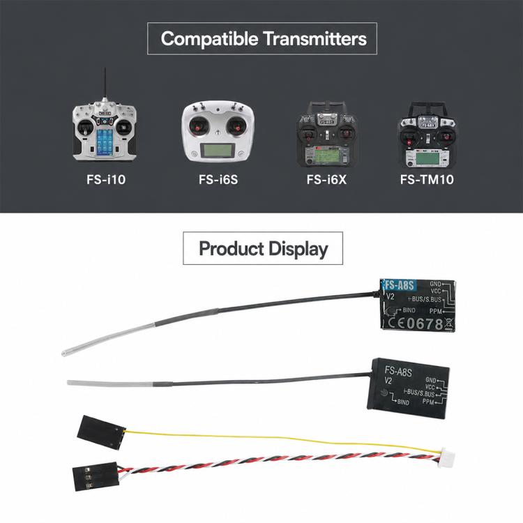 FlySky FS-A8S V2 2.4G 8CH Mini Receiver with PPM i-BUS SBUS Output