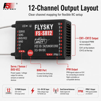 FlySky FS-SR12 12CH 2.4G Receiver Dual Antenna for RC Fixed Wing Car Boat Robot Model Toy ANT Protocol Transmitter FS-ST8, FS-SR12