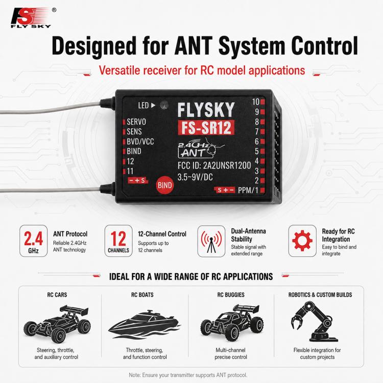 FlySky FS-SR12 12CH 2.4G Receiver Dual Antenna for RC Fixed Wing Car Boat Robot Model Toy ANT Protocol Transmitter FS-ST8, FS-SR12