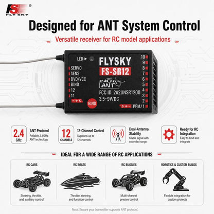 FlySky FS-SR12 12CH 2.4G Receiver Dual Antenna for RC Fixed Wing Car Boat Robot Model Toy ANT Protocol Transmitter FS-ST8, FS-SR12