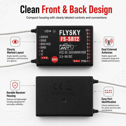 FlySky FS-SR12 12CH 2.4G Receiver Dual Antenna for RC Fixed Wing Car Boat Robot Model Toy ANT Protocol Transmitter FS-ST8, FS-SR12
