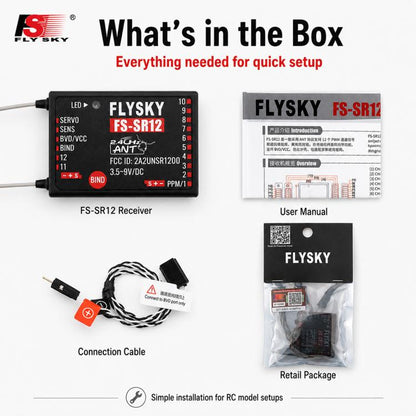 FlySky FS-SR12 12CH 2.4G Receiver Dual Antenna for RC Fixed Wing Car Boat Robot Model Toy ANT Protocol Transmitter FS-ST8, FS-SR12
