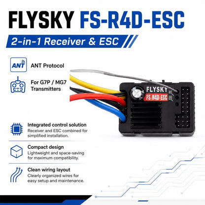 FlySky FS-R4D-ESC 2 in 1 2.4GHz 4CH Receiver for G7P / MG7 Remote Control, FS-R4D-ESC