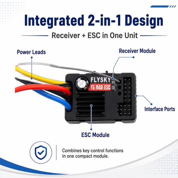 FlySky FS-R4D-ESC 2 in 1 2.4GHz 4CH Receiver for G7P / MG7 Remote Control, FS-R4D-ESC