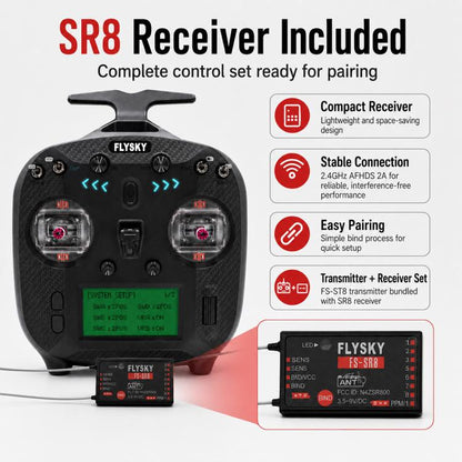 FlySky FS-ST8 LCD Screen 2.4G 8CH Transmitter for Drone / Boat / Car Model, Standard Left with SR8 Receiver, Upgraded Left with SR8A Receiver