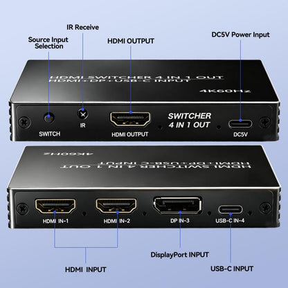 NK-666 4K/60Hz HDMI 4x1 Split Switch with Remote Control