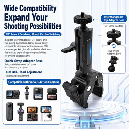 Aluminum Alloy Heavy-Duty Crab-Claw Clamp Motorcycle Handlebar Mount for DJI, Insta360, GoPro And Other Action Cameras