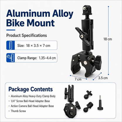 Aluminum Alloy Heavy-Duty Crab-Claw Clamp Motorcycle Handlebar Mount for DJI, Insta360, GoPro And Other Action Cameras