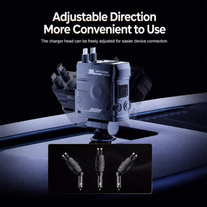 Type-C, USB-A Dual Port Mecha Style Car Charger with Type-C and 8 Pin Retractable Cable