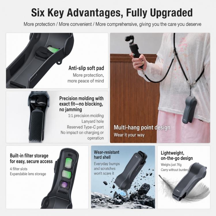 Xasurg Shock-proof Protective Cover with Storage Filter Box For DJI Osmo Pocket 4 / 3, Standard Set, Cover + Lanyard + Wrist Strap, Cover + Lanyard + Buckle