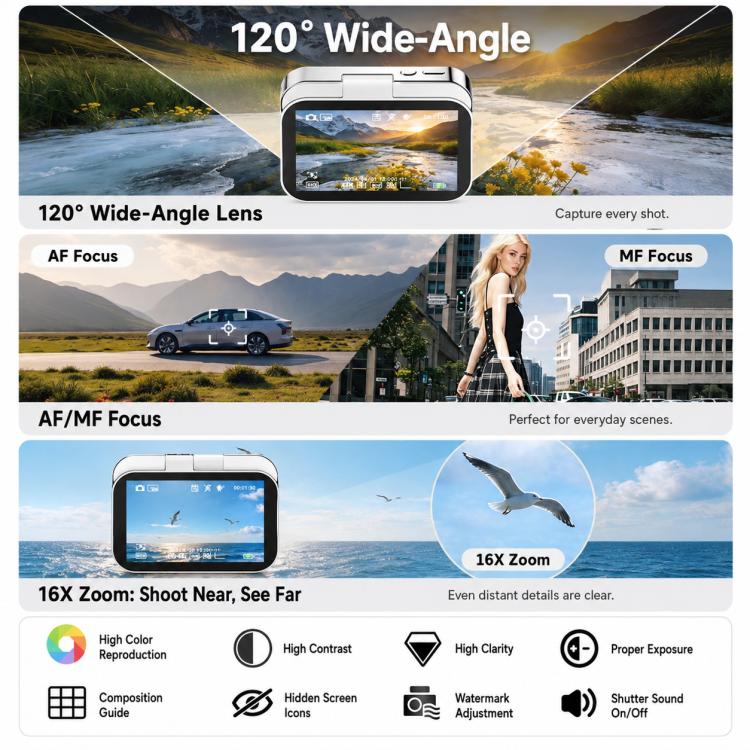 D28s 3 inch 64MP HD Retro Flip Touch Digital Camera Supports Music / Movies  / Games, without Lanyard, with Lanyard
