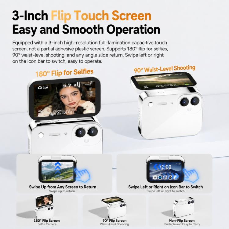 D28s 3 inch 64MP HD Retro Flip Touch Digital Camera Supports Music / Movies  / Games, without Lanyard, with Lanyard