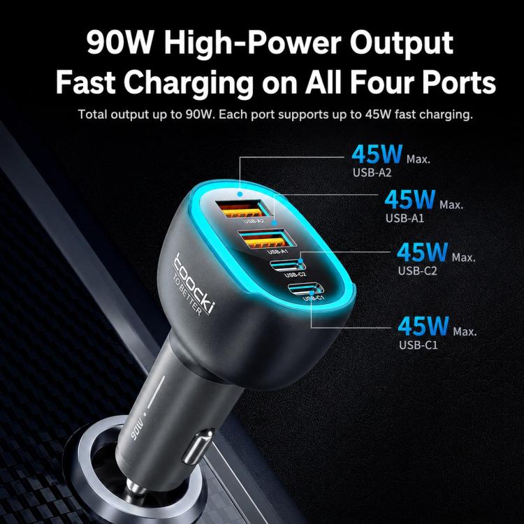 Toocki 90W 4-Port Zinc Alloy Car Charger 2x USB-A, 2x USB-C with Ambient Light, TQ-CC47