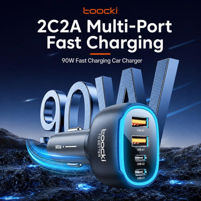 Toocki 90W 4-Port Zinc Alloy Car Charger 2x USB-A, 2x USB-C with Ambient Light, TQ-CC47