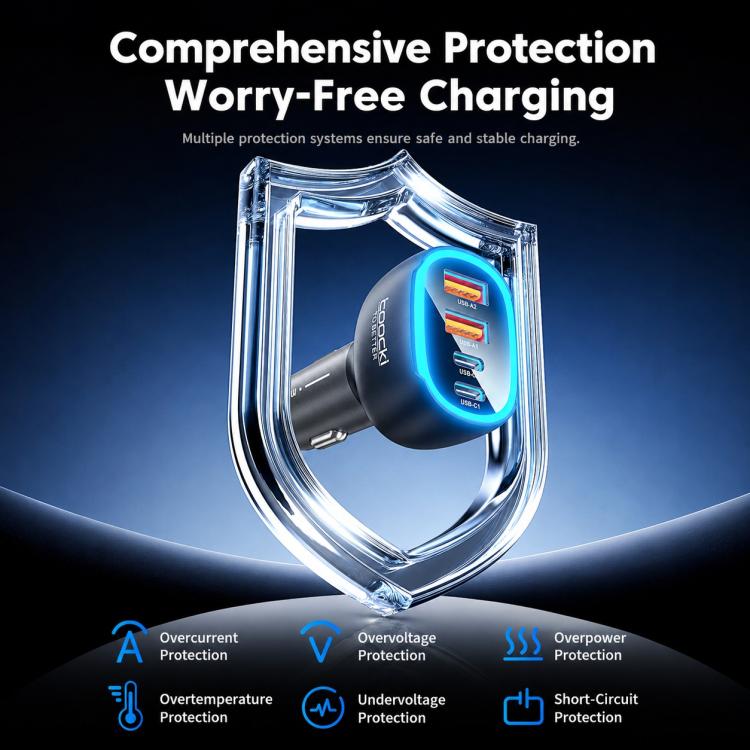 Toocki 90W 4-Port Zinc Alloy Car Charger 2x USB-A, 2x USB-C with Ambient Light, TQ-CC47
