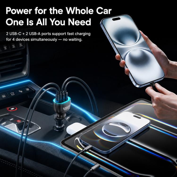 Toocki 90W 4-Port Zinc Alloy Car Charger 2x USB-A, 2x USB-C with Ambient Light, TQ-CC47