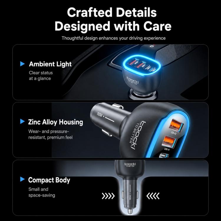 Toocki 90W 4-Port Zinc Alloy Car Charger 2x USB-A, 2x USB-C with Ambient Light, TQ-CC47