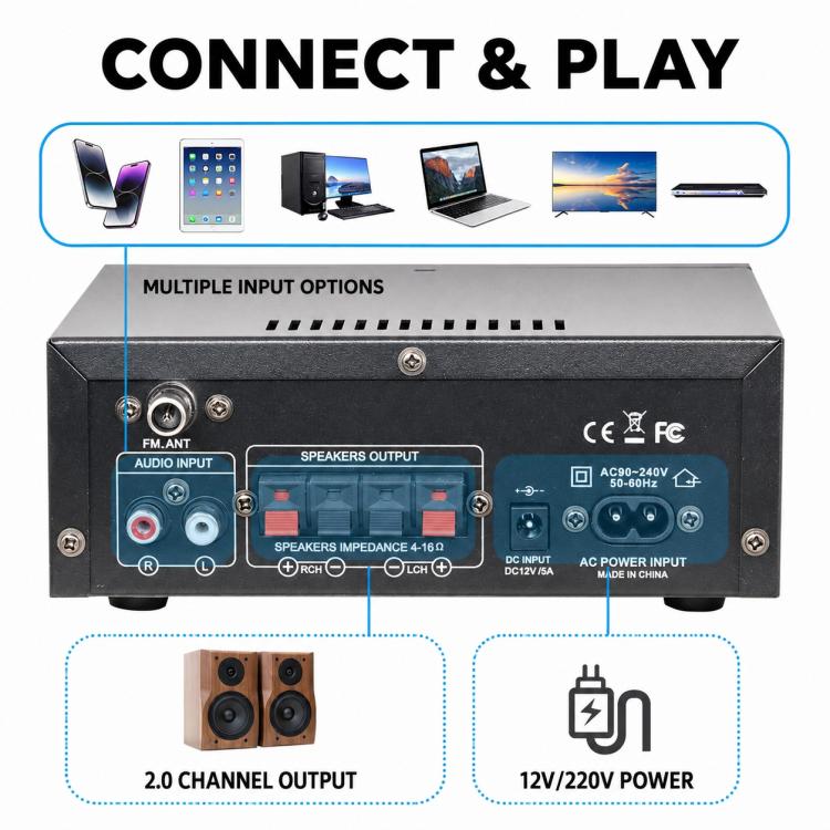 AK45 Pro 2-Channel Stereo High-Power Bluetooth Digital Audio Amplifier, EU Plug, UK Plug