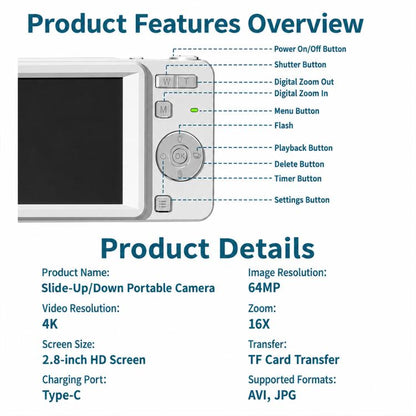 M15 Sliding Cover 4K 64MP CCD-Style Digital Camera