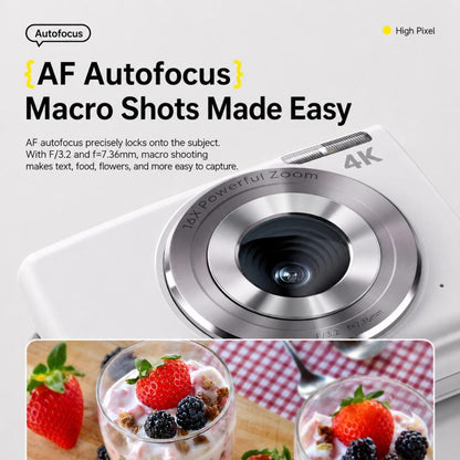 64MP Interpolated Pixels AF Autofocus 4K Digital Camera, White, White + 16G TF, White + 32G TF, Pink, Pink + 16G TF, Pink + 32G TF, Black + 16G TF