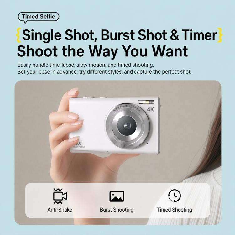 64MP Interpolated Pixels AF Autofocus 4K Digital Camera, White, White + 16G TF, White + 32G TF, Pink, Pink + 16G TF, Pink + 32G TF, Black + 16G TF