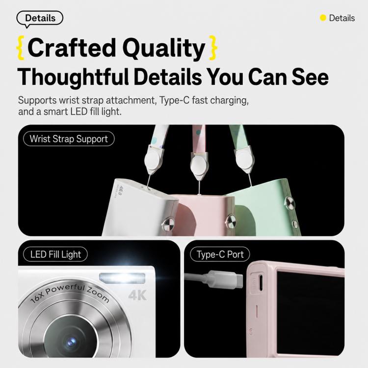 64MP Interpolated Pixels AF Autofocus 4K Digital Camera, White, White + 16G TF, White + 32G TF, Pink, Pink + 16G TF, Pink + 32G TF, Black + 16G TF