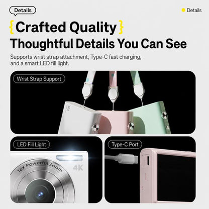 64MP Interpolated Pixels AF Autofocus 4K Digital Camera, White, White + 16G TF, White + 32G TF, Pink, Pink + 16G TF, Pink + 32G TF, Black + 16G TF