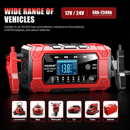 FOXSUR 12V/24V 1.5-15A Multifunctional LCD Digital Display Adjustable Current Battery Charger, EU Plug, US Plug, UK Plug, AU Plug