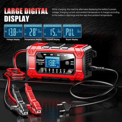 FOXSUR 12V/24V 1.5-15A Multifunctional LCD Digital Display Adjustable Current Battery Charger, EU Plug, US Plug, UK Plug, AU Plug