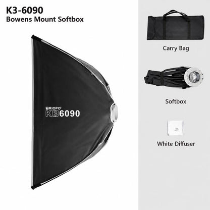 TRIOPO K3 Series Side-Fold Rectangular Quick-Mount Softbox, K3-6090 Bowens, K3-6090 Bowens + Grid, K3-6090 Top Light, K3-6090 Top Light + Grid, K3-30120 Bowens, K3-30120 Bowens + Grid, K3-30120 Top Light, K3-30120 Top Light + Grid