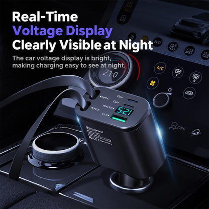 1 To 5 Car PD Fast Charging Charger with Retractable Cable, USB A + 2 x PD + Type-C + 8-Pin 80W, USB A + 2 x PD + 2 x Type-C 90W