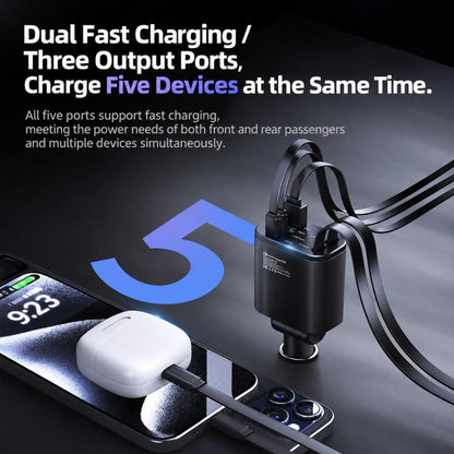 1 To 5 Car PD Fast Charging Charger with Retractable Cable, USB A + 2 x PD + Type-C + 8-Pin 80W, USB A + 2 x PD + 2 x Type-C 90W
