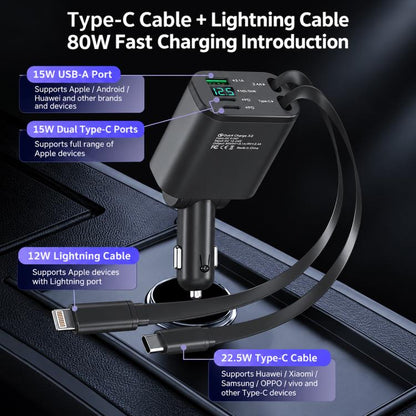 1 To 5 Car PD Fast Charging Charger with Retractable Cable, USB A + 2 x PD + Type-C + 8-Pin 80W, USB A + 2 x PD + 2 x Type-C 90W