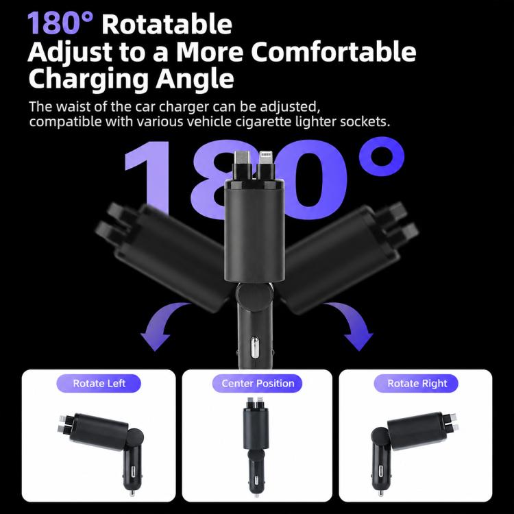 1 To 5 Car PD Fast Charging Charger with Retractable Cable, USB A + 2 x PD + Type-C + 8-Pin 80W, USB A + 2 x PD + 2 x Type-C 90W