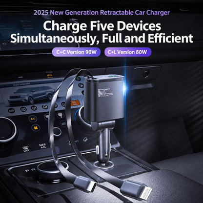 1 To 5 Car PD Fast Charging Charger with Retractable Cable, USB A + 2 x PD + Type-C + 8-Pin 80W, USB A + 2 x PD + 2 x Type-C 90W