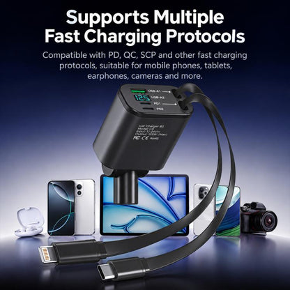 1 To 5 Car PD Fast Charging Charger with Retractable Cable, USB A + 2 x PD + Type-C + 8-Pin 80W, USB A + 2 x PD + 2 x Type-C 90W