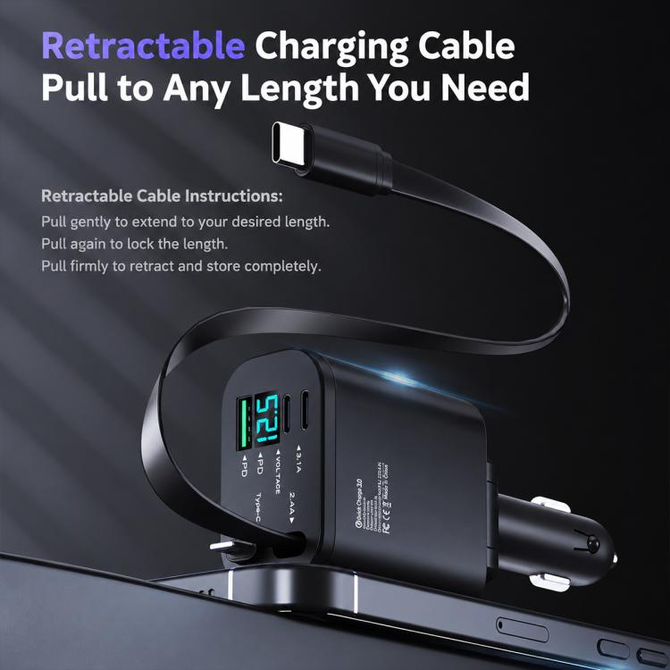 1 To 5 Car PD Fast Charging Charger with Retractable Cable, USB A + 2 x PD + Type-C + 8-Pin 80W, USB A + 2 x PD + 2 x Type-C 90W