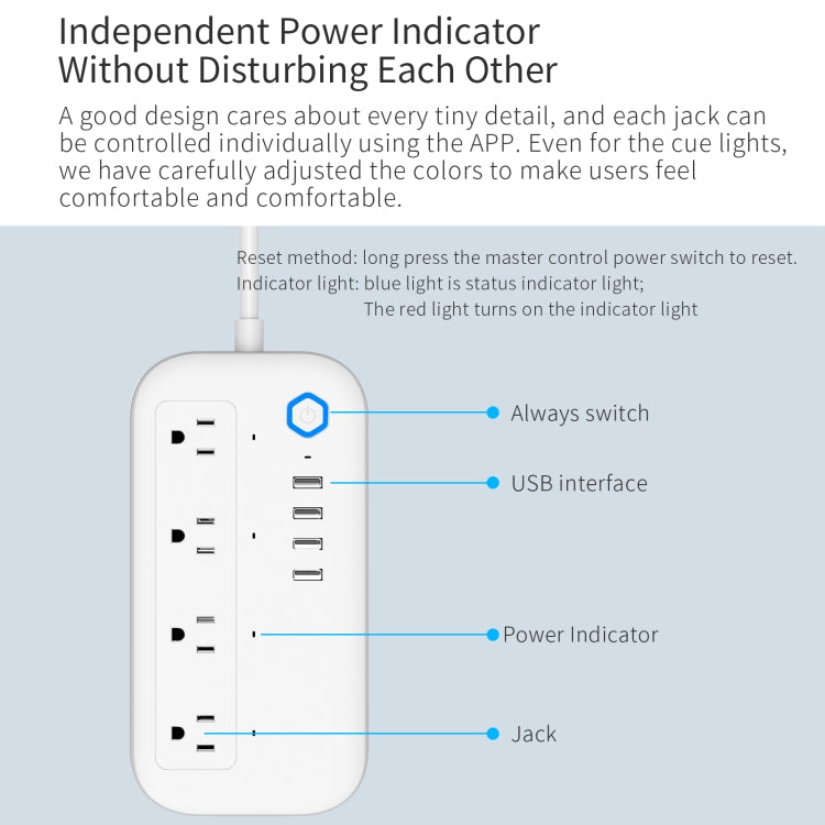 YPS11 Four Holes + 4 x USB Multi-purpose WiFi Smart Power Strip, US Plug