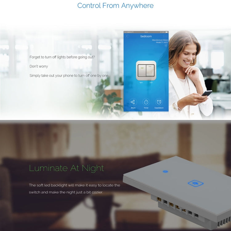 WS-US-03 EWeLink APP & Touch Control 2A 3 Gangs Tempered Glass Panel Smart Wall Switch, AC 90V-250V, US Plug, 3 Gangs