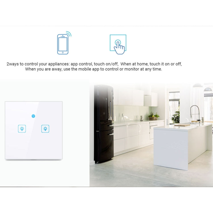 WS-EU-02 EWeLink APP & Touch Control 2A 2 Gangs Tempered Glass Panel Smart Wall Switch, AC 90V-250V, EU Plug, 2 Gangs