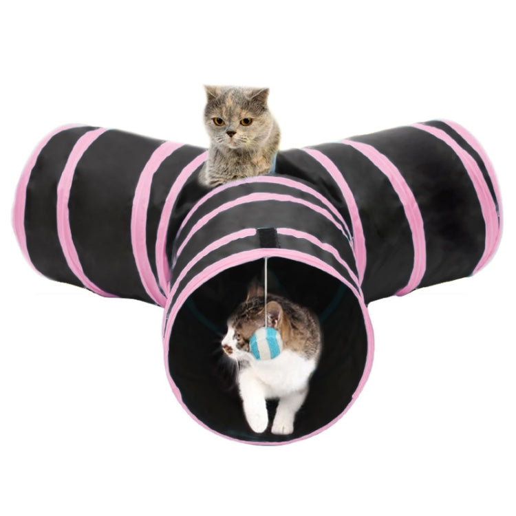 Foldable 3 Exits Exercising Cat Tunnel with A Hanging Ball, Tunnel Exits:3 Pink