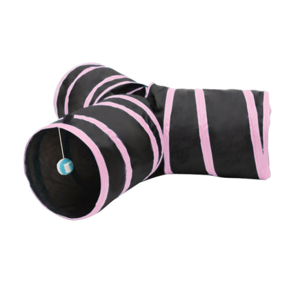 Foldable 3 Exits Exercising Cat Tunnel with A Hanging Ball, Tunnel Exits:3 Pink