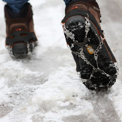 One Pair 8 Teeth Anti-Slip Ice Gripper Hiking Climbing Chain Shoes Covers, 8 Teeth Black, 8 Teeth Orange