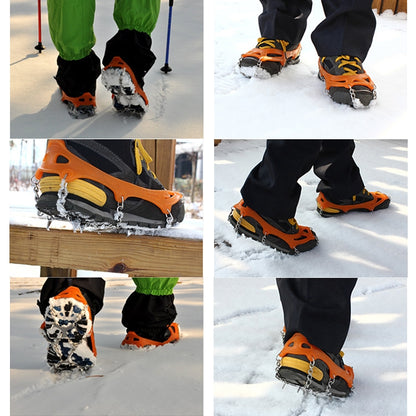 One Pair 8 Teeth Anti-Slip Ice Gripper Hiking Climbing Chain Shoes Covers, 8 Teeth Black, 8 Teeth Orange