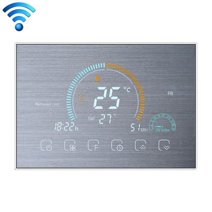 BHT-8000-GCLW-SS Brushed Stainless Steel Mirror Controlling Water/Gas Boiler Heating Energy-saving and Environmentally-friendly Smart Home Negative Display LCD Screen Round Room Thermostat with WiFi, with WiFi